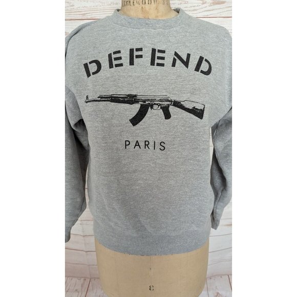 SOLD Defend Paris Unisex Sweatshirt Size Small S AK-47 Pullover Gray Grey - Picture 2 of 8